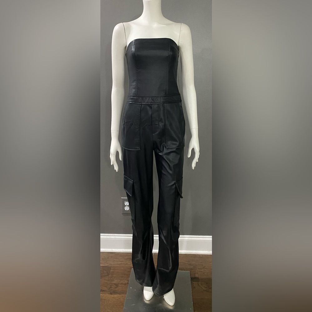 Zara black faux leather strapless long cargo jumpsuit Like New Size XS